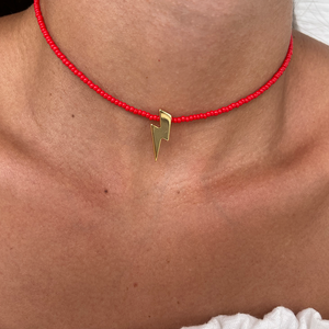 SET CHOKER ROJO + ARETES RAYO